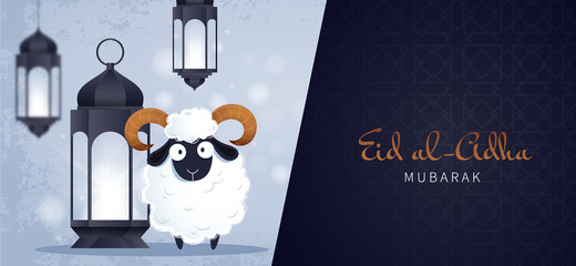 Muslim holiday Eid al-Adha. White ram and lamps. Islamic greeting card, poster, banner or flyer. 