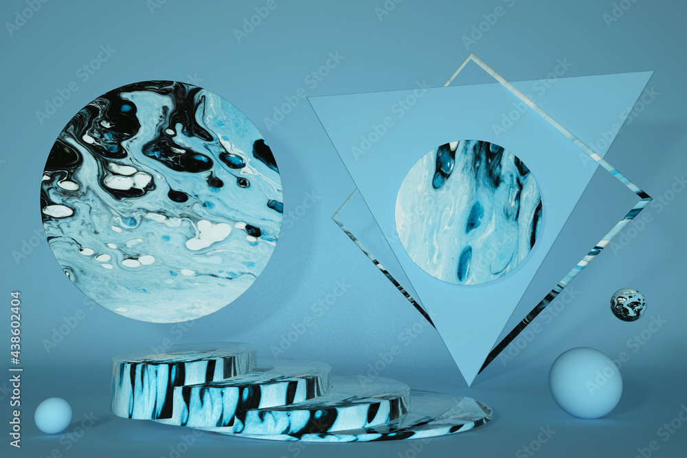 Poster blue background 3d marble podium studio with pedestal and minimal geometric scene, abstract backgrou
