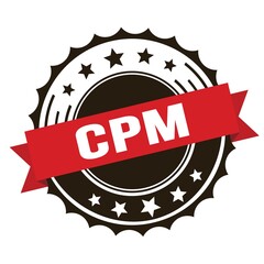 CPM text on red brown ribbon stamp.