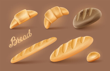 Bread icons set of Long french loaf, brown rye bread, long baguette, bun, white bread, croissants for breakfast. Brown transparent background. Vector illustration.