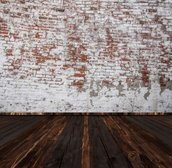 Abstract red white stonewall urban texture. Old room with red brick wall and wood floor