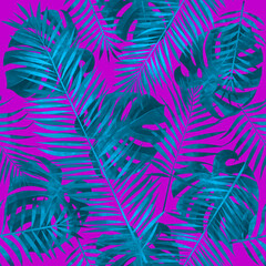 Seamless summer pattern with tropical palm and monstera leaves. Exotic background for fabric, wrapping, wallpaper.