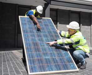 Two professional solar cell engineers wearing safety vest and hardhat are testing the photovoltaic...
