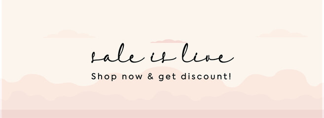 sale is live. sale is live announcement banner and cover. sale is live in hand written font with light pink background. shop now, and get discount. live sale announcement. 