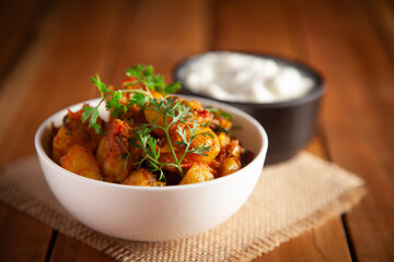 Close-up of Indian vegetarian dish of spicy Potato and Tomato curry garnished with green coriander fresh leaves. Served in a white ceramic bowl over wooden background.