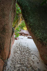 crevice between granite rocks on tropical beach anse lazio on praslin on the seychelles