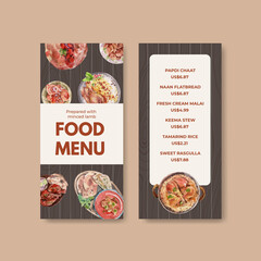 small Menu template with Indian food concept design for restaurant and bistro watercolor illustraton