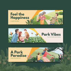 Banner template with park and family concept design for advertise watercolor illustration