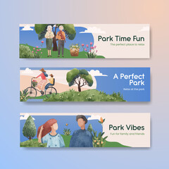 Fototapeta premium Banner template with park and family concept design for advertise watercolor illustration