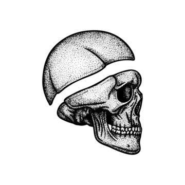 Human skull side view engraving, vintage style vector illustration. Part of human hand drawn skeleton.