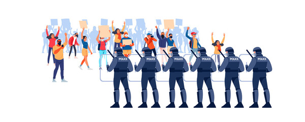 Crowds of people at a demonstration for human rights. Police in Riot Gear Holding the Line. Angry men and women protest, holding placards. Protesters at a political rally. Vector flat illustration