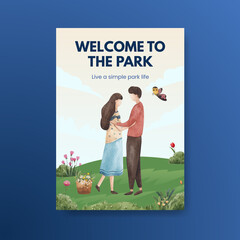 Poster template with park and family concept design for leaflet and brochure watercolor illustration