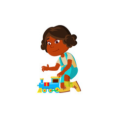 cute small girl child playing with train toy cartoon vector. cute small girl child playing with train toy character. isolated flat cartoon illustration
