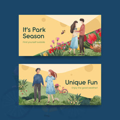 Twitter template with park and family concept design for social media watercolor illustration