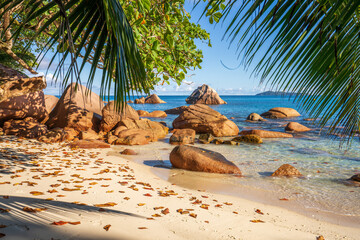 sunrise at tropical beach anse lazio on praslin on the seychelles - obrazy, fototapety, plakaty