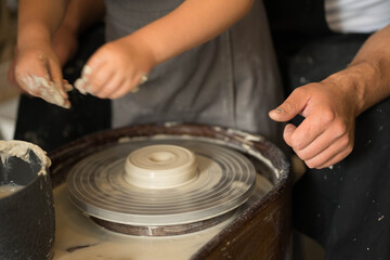 hands make a clay product out of clay on a circle