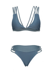 Detail shot of gray-blue two-piece swimsuit composed of bra with braided straps and brazilian panties. Fashion swimming suit is isolated on the white background.