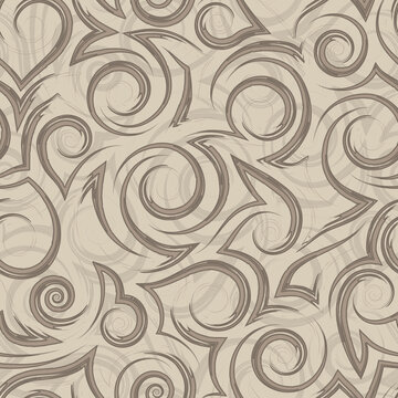 Vector beige geometric seamless pattern of flowing spirals curls and corners.Vector pastel color geometric seamless texture of smooth and broken lines.Stylized beige pattern of water flow or waves.
