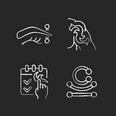 Tattoo and piercing types chalk white icons set on dark background. Place on body where jewellery is injected. Metal skin accessories with gems. Isolated vector chalkboard illustrations on black