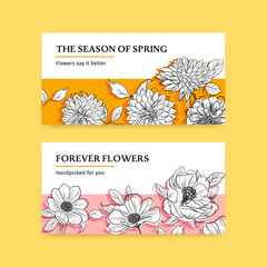 Twitter template with spring line art concept design watercolor illustration