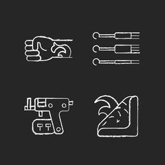 Tattoo and piercing tools chalk white icons set on dark background. Needles for injecting ink into skin. Gun to make holes in skin for jewellery. Isolated vector chalkboard illustrations on black