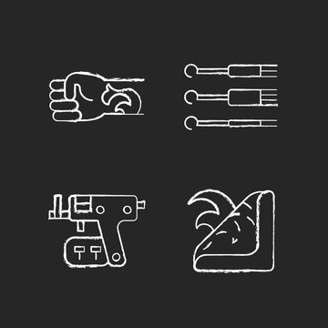 Tattoo and piercing tools chalk white icons set on dark background. Needles for injecting ink into skin. Gun to make holes in skin for jewellery. Isolated vector chalkboard illustrations on black