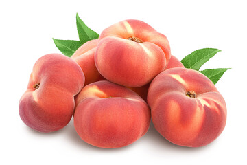 Ripe chinese flat peach fruit with leaf isolated on white background with clipping path and full depth of field