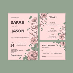 Wedding card template with spring line art concept design watercolor illustration