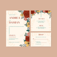 Wedding card template with spring line art concept design watercolor illustration