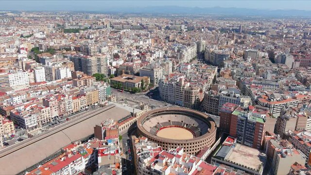 Valencia: Aerial view of famous city in Spain, corrida arena Bullring of Valencia (Pla&ccedil;a de Bous de Val&egrave;ncia) in historic centre of city - landscape panorama of Europe from above