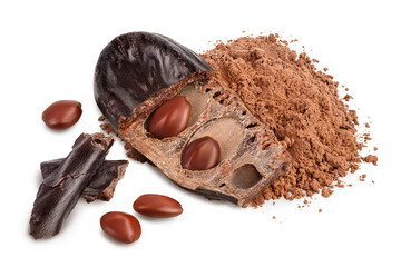 Carob pod and powder isolated on white background with clipping path and full depth of field. Top...