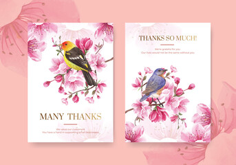 Thank you card template with blossom bird concept design watercolor illustration