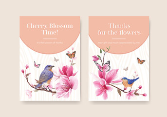 Thank you card template with blossom bird concept design watercolor illustration