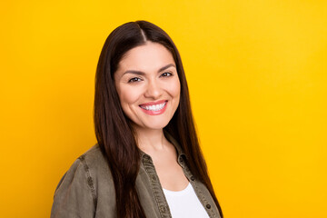 Fototapeta premium Photo of happy nice charming woman smile good mood wear casual clothes isolated on yellow color background