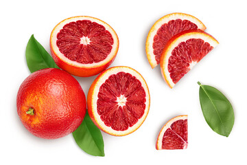 Blood red oranges isolated on white background with clipping path. Top view. Flat lay