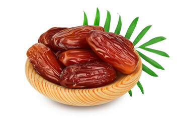 Fototapeta na wymiar Dates in wooden bowl isolated on white background with clipping path and full depth of field.