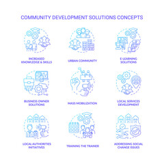 Community development solutions concept icons set. Addressing social change issues idea thin line color illustrations. Urban community. Local services development. Vector isolated outline drawings