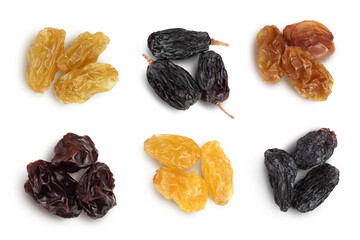 Black, yellow and brown raisins isolated on white background with clipping path. Top view. Flat lay. Set or collection