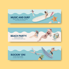Banner template with beach vacation concept design for advertise watercolor illustration