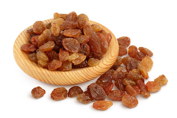 Brown raisins in wooden bowl isolated on white background with clipping path and full depth of field