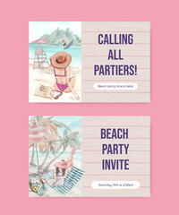 Card template with beach vacation concept design watercolor illustration