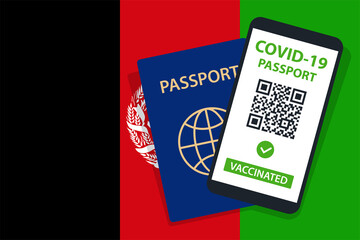 Covid-19 Passport on Afghanistan Flag Background. Vaccinated. QR Code. Smartphone. Immune Health Cerificate. Vaccination Document. Vector