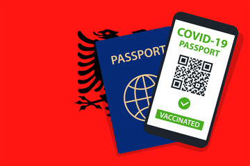 Covid-19 Passport on Albania Flag Background. Vaccinated. QR Code. Smartphone. Immune Health Cerificate. Vaccination Document. Vector