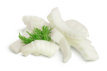fresh fennel bulb slices isolated on white background with clipping path and full depth of field