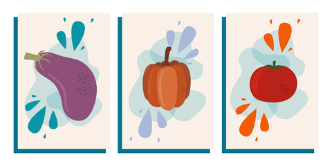 Fashion abstract poster still life with vegetables. Collection of contemporary art. Abstract geometric elements, shapes for social networks with eggplant, pumpkin and tomato © Анжелика Полтавец