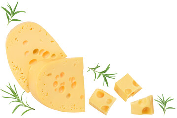 piece of cheese isolated on white background. Top view with copy space for your text. Flat lay