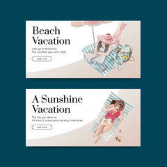 Twitter template with beach vacation concept design for social media watercolor illustration