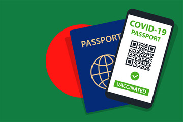 Covid-19 Passport on Bangladesh Flag Background. Vaccinated. QR Code. Smartphone. Immune Health Cerificate. Vaccination Document. Vector