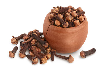 Dry spice cloves in wooden bowl isolated on white background with clipping path and full depth of field.