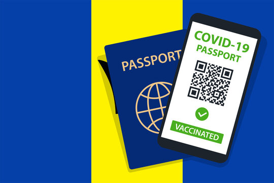 Covid-19 Passport on Barbados Flag Background. Vaccinated. QR Code. Smartphone. Immune Health Cerificate. Vaccination Document. Vector